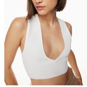 Babaton White Ribbed Deep V Crop Top